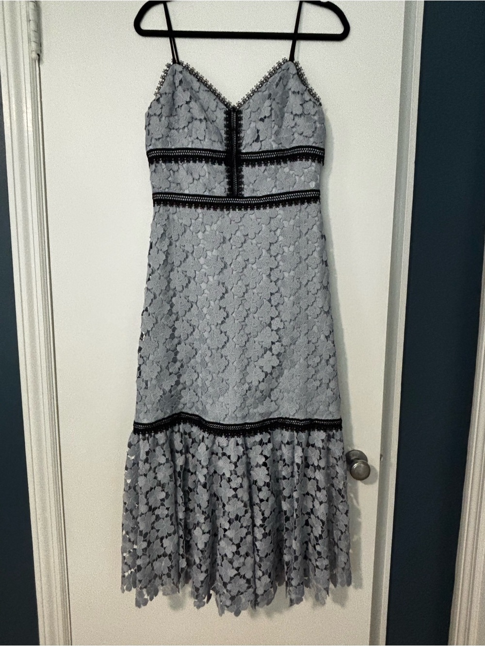 Jill Stuart Light Blue Lace Midi Dress with Black Trim